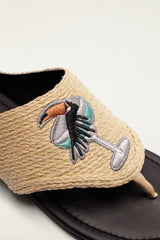 Raffia Embroidered Icons Flat Sandal