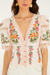 Off-White Flower Embroidery Puff Sleeve Blouse