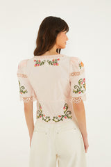 Off-White Flower Embroidery Puff Sleeve Blouse
