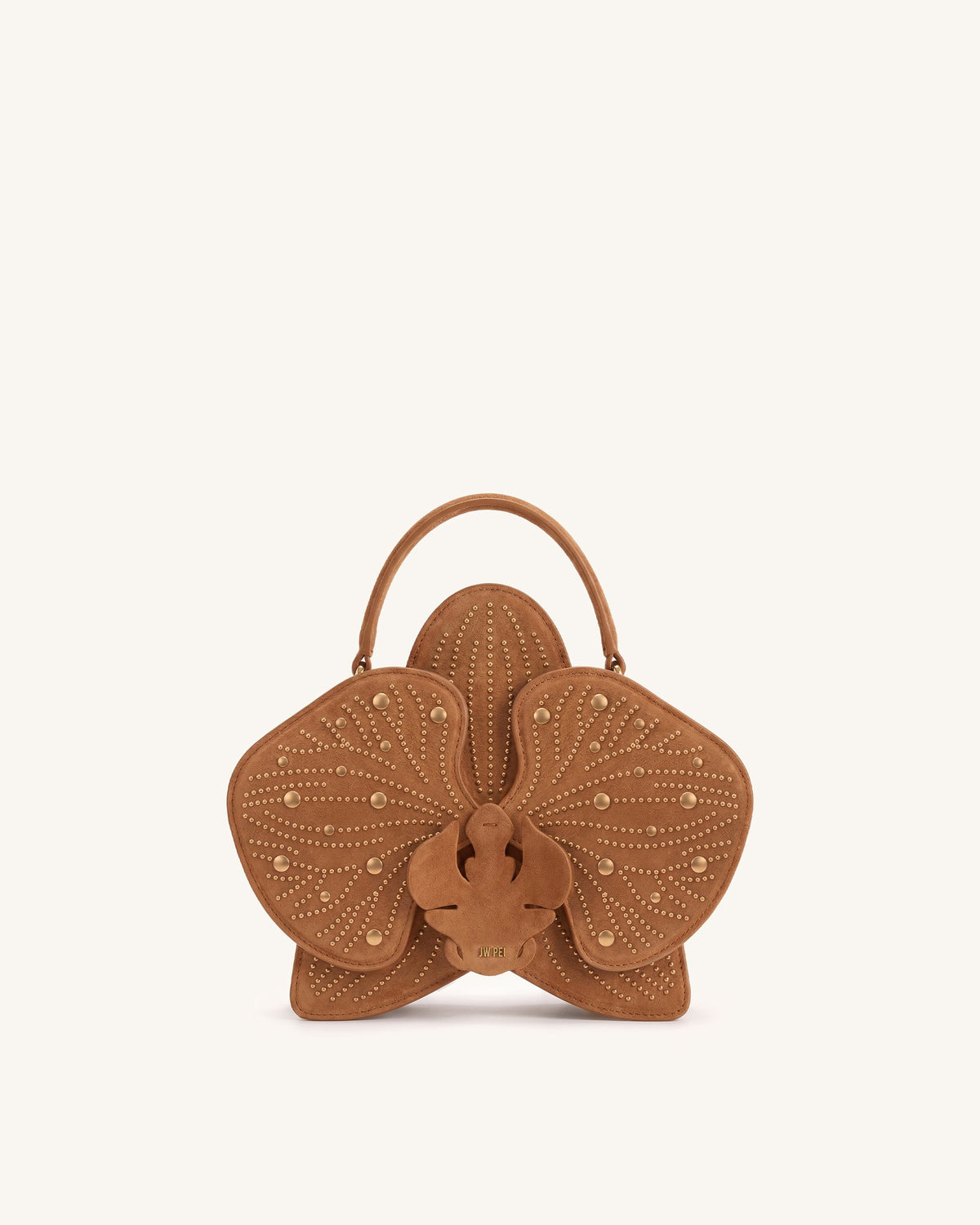 Flora Faux Suede Studded Orchid Shaped Top Handle Bag - Yellow Brown