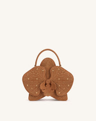 Flora Faux Suede Studded Orchid Shaped Top Handle Bag - Yellow Brown
