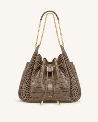Rowan Ruched Drawstring Chain Bucket Bag - Sand Brown Croc