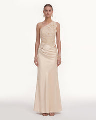 Floral One Shoulder Satin Dress - Cream