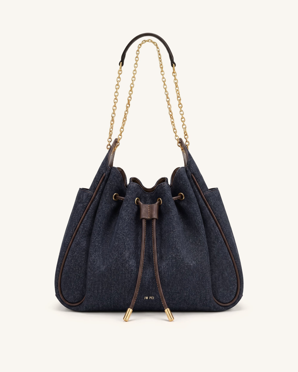 Rowan Ruched Drawstring Chain Bucket Bag - Black Blue Denim