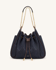 Rowan Ruched Drawstring Chain Bucket Bag - Black Blue Denim