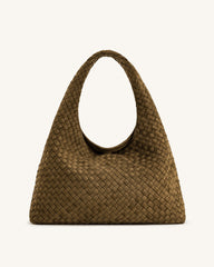 Laura Faux Suede Woven Shoulder Bag - Olive Green