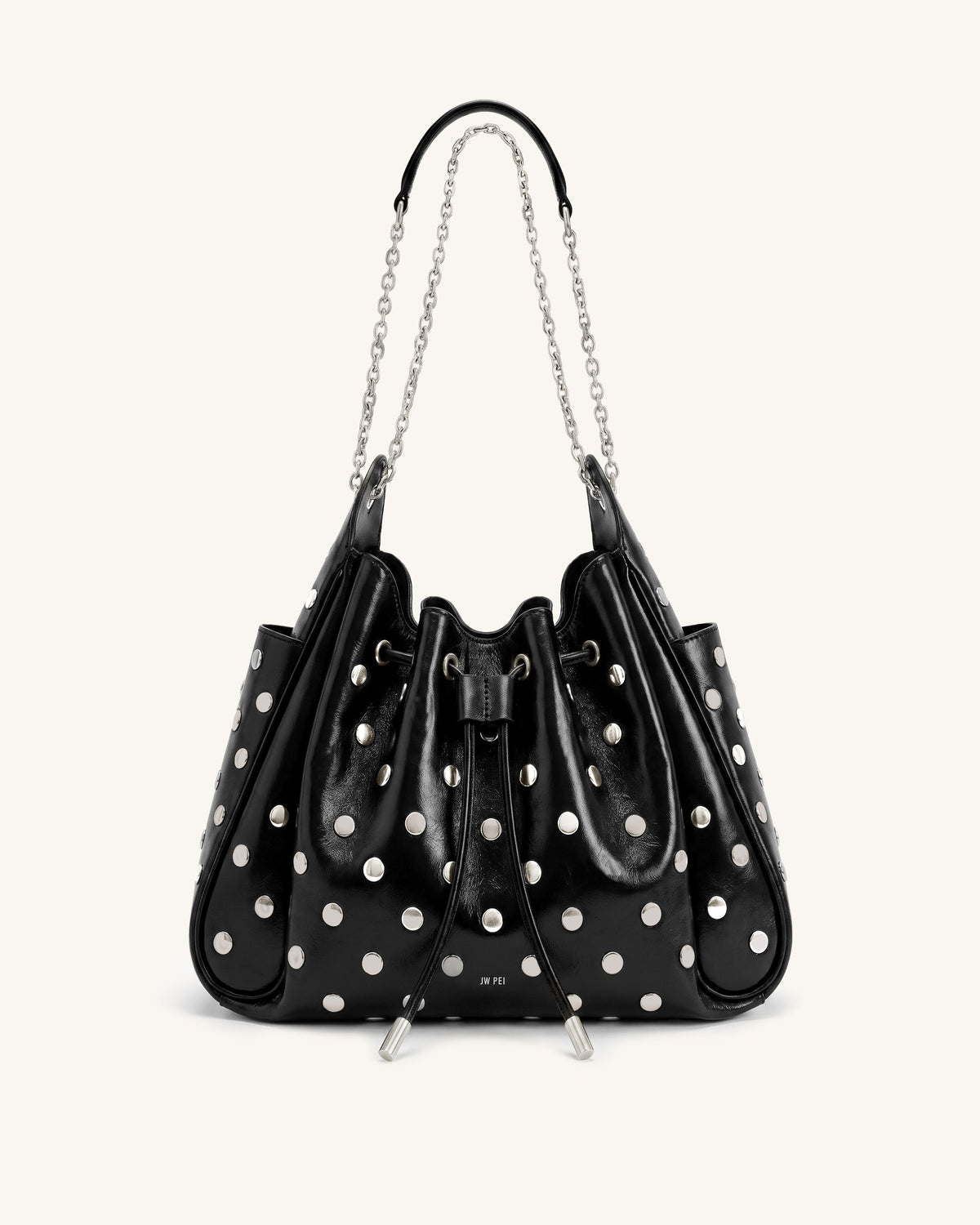 Rowan Studded Ruched Drawstring Chain Bucket Bag - Shiny Black