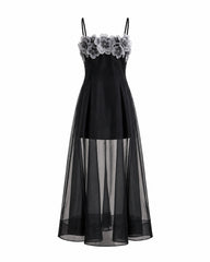 Floral Embroidered Sheer Layered Maxi Dress - Black