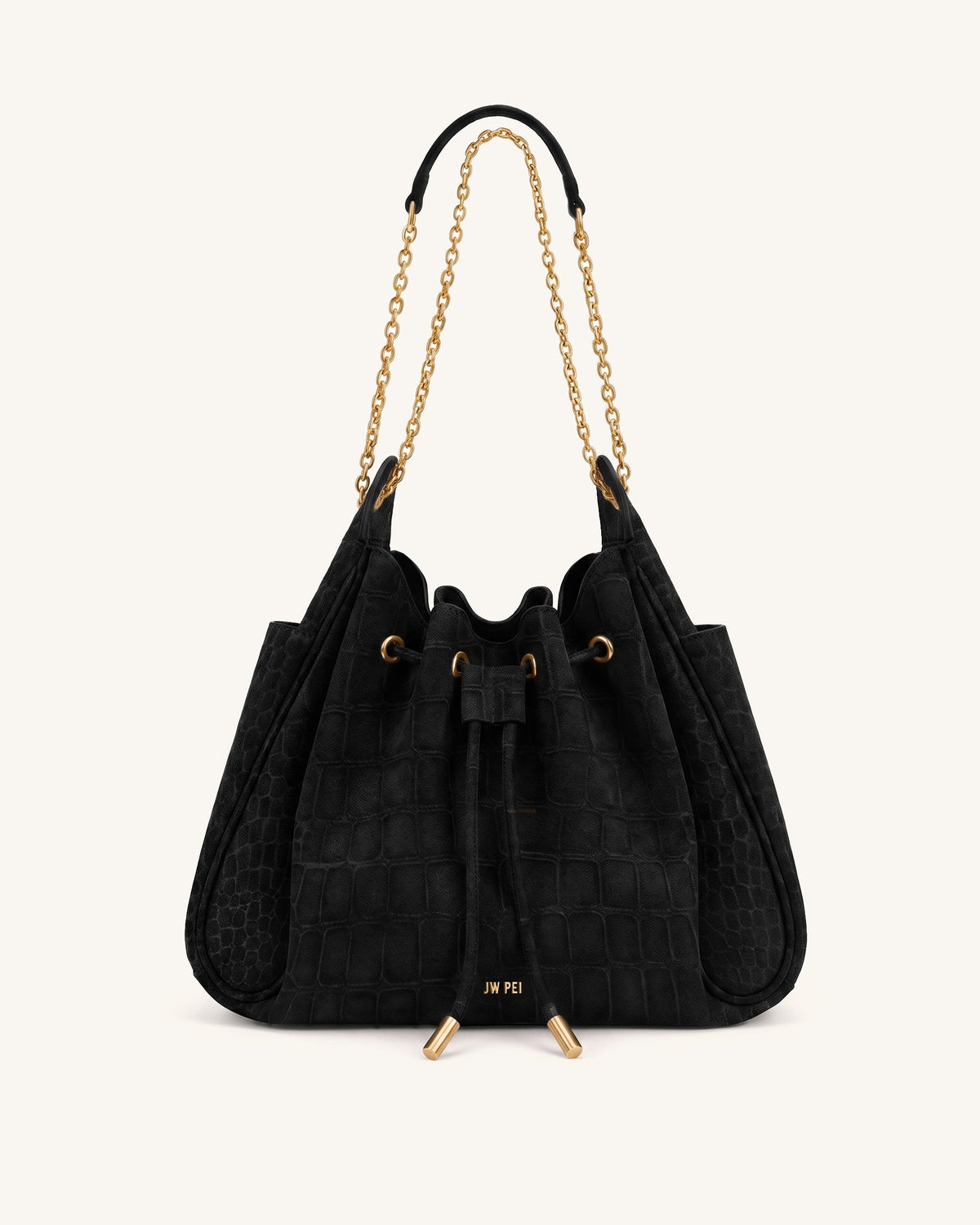 Rowan Faux Suede Drawstring Chain Bucket Bag - Cool Black Croc