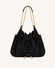 Rowan Faux Suede Drawstring Chain Bucket Bag - Cool Black Croc