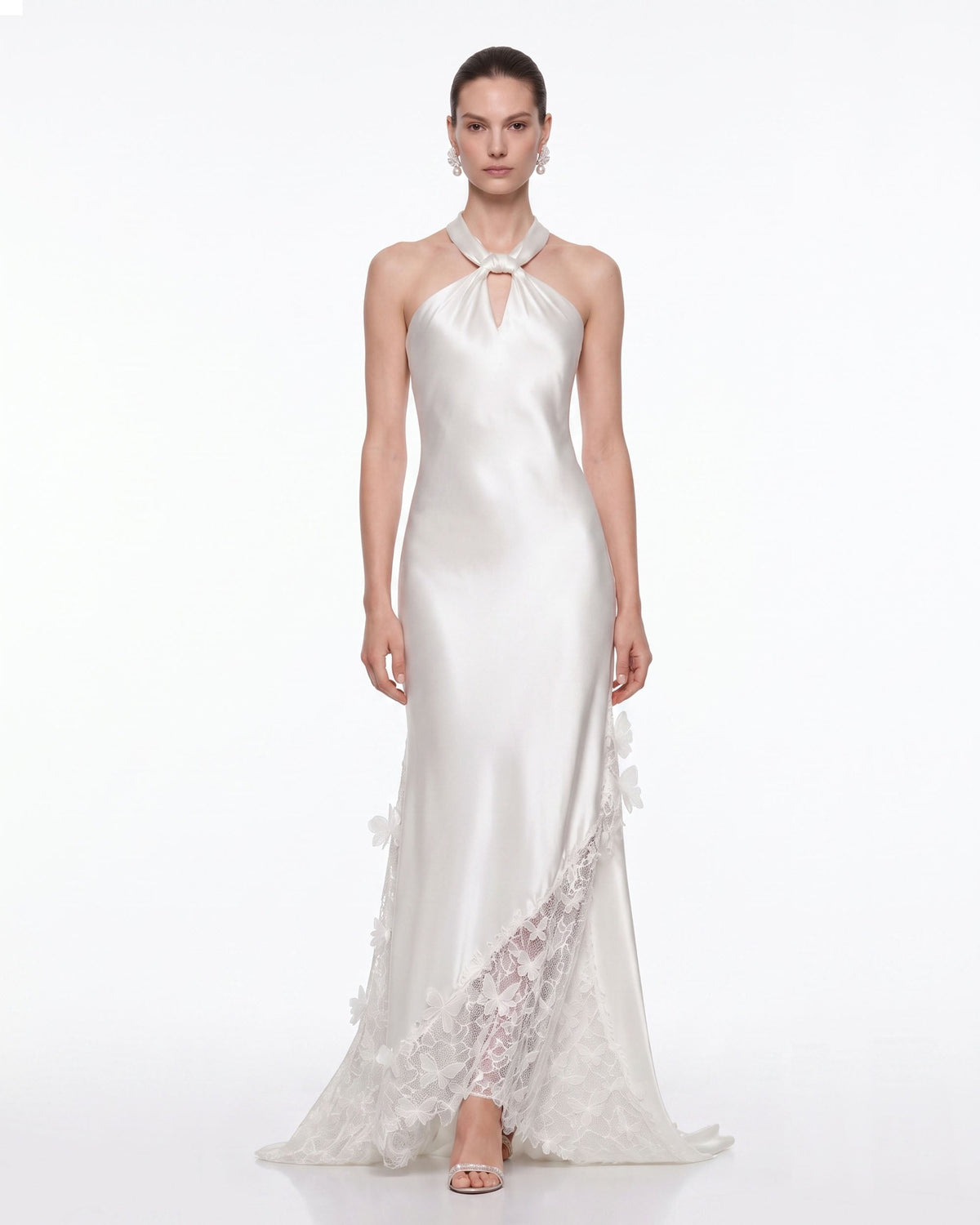 Lace Panel Halter Satin Maxi Dress - White