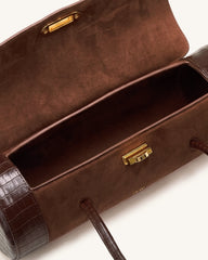 Maelis Faux Suede Croc-Trim Barrel Bag - Dark Brown