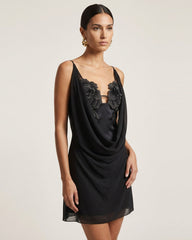 Flower Embroidered Cowl Neck Mini Dress - Black