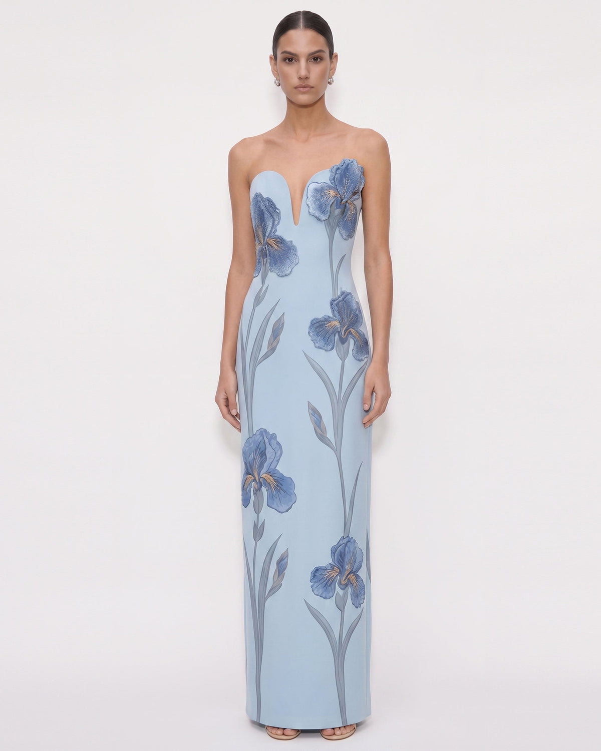 Iris Embroidered 
Notch Neck Strapless Maxi Dress
 - Light Blue