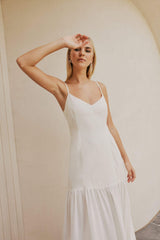 CURAAE Palm Drop Waist Frill Summer Maxi Dress In White