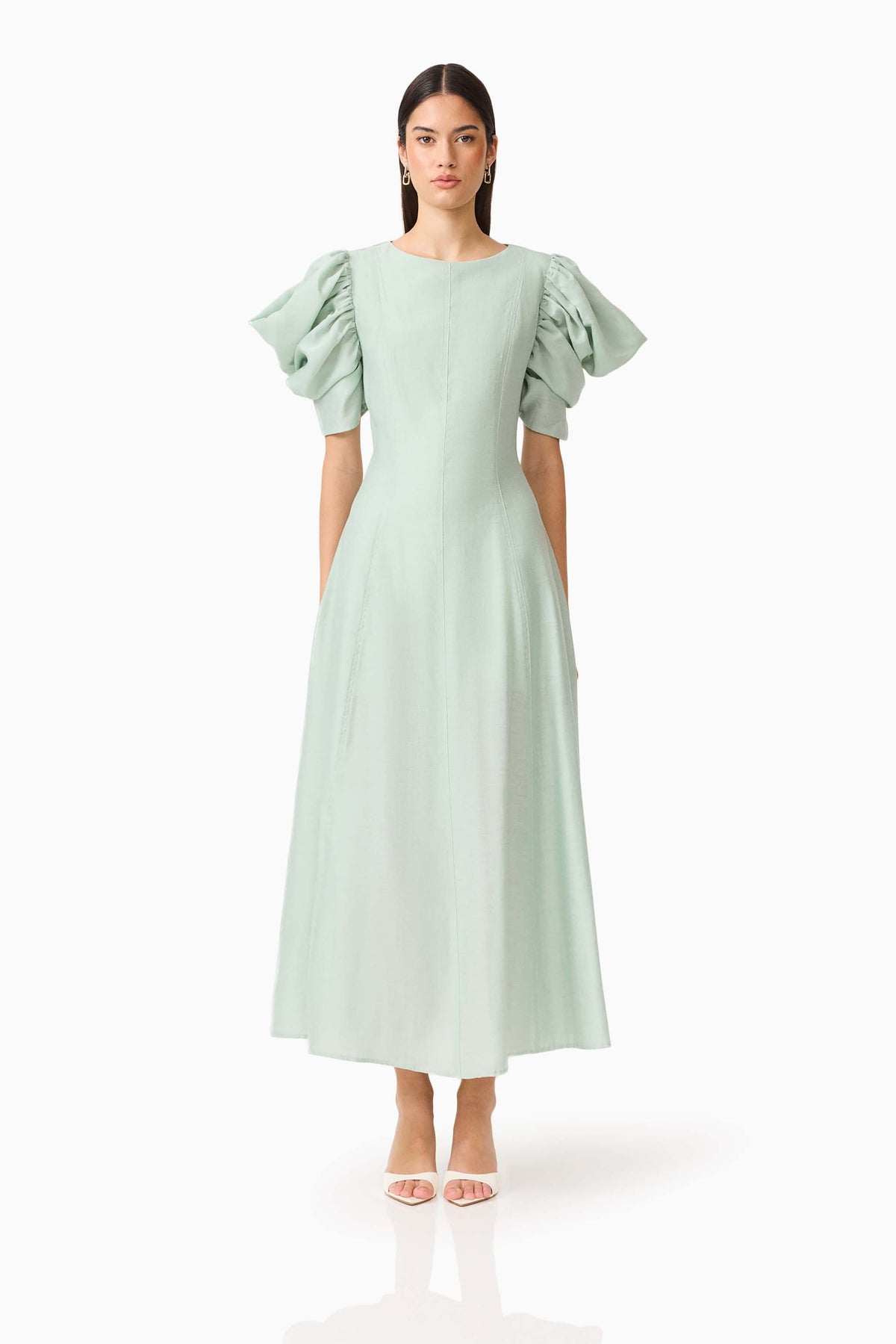 CURAAE Isaline Puff Sleeve Midi Dress in Sage Green
