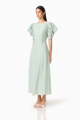 CURAAE Isaline Puff Sleeve Midi Dress in Sage Green