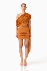 CURAAE Roya Asymmetric Mini Dress in Caramel Brown