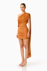 CURAAE Roya Asymmetric Mini Dress in Caramel Brown
