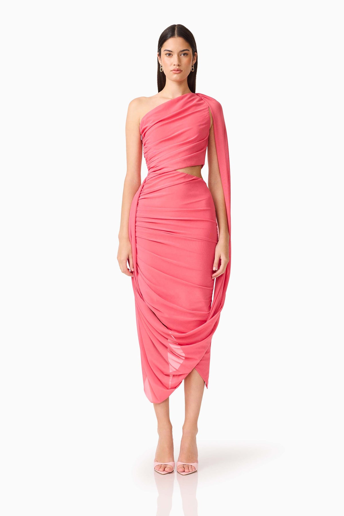 CURAAE Cleo One Shoulder Midi Dress in Pink