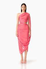 CURAAE Cleo One Shoulder Midi Dress in Pink