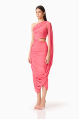 CURAAE Cleo One Shoulder Midi Dress in Pink