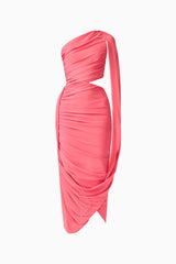 CURAAE Cleo One Shoulder Midi Dress in Pink