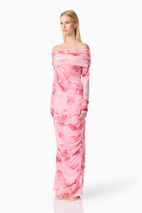 CURAAE Rosalia Off The Shoulder Maxi Dress in Pink Floral