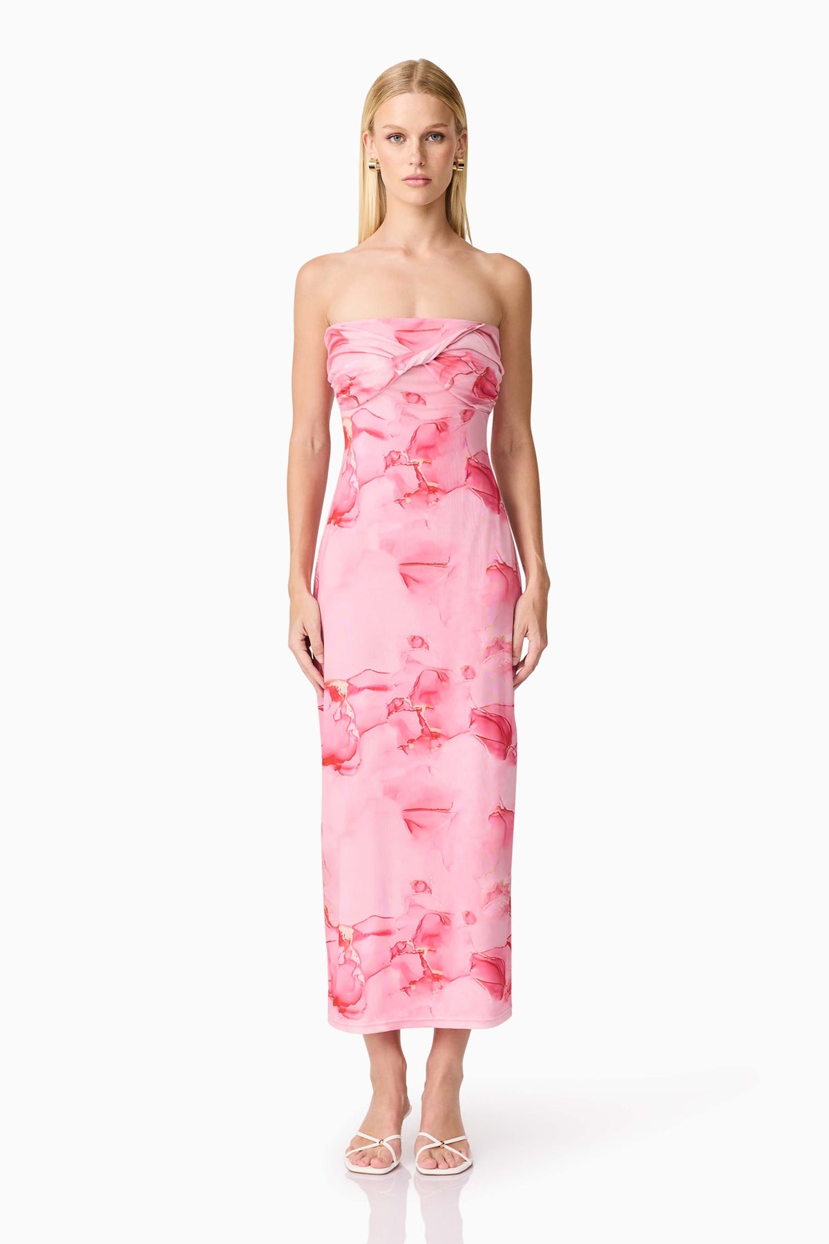 CURAAE Rosalia Strapless Midi Dress in Pink Floral