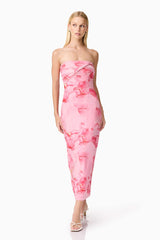 CURAAE Rosalia Strapless Midi Dress in Pink Floral