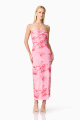 CURAAE Rosalia Strapless Midi Dress in Pink Floral
