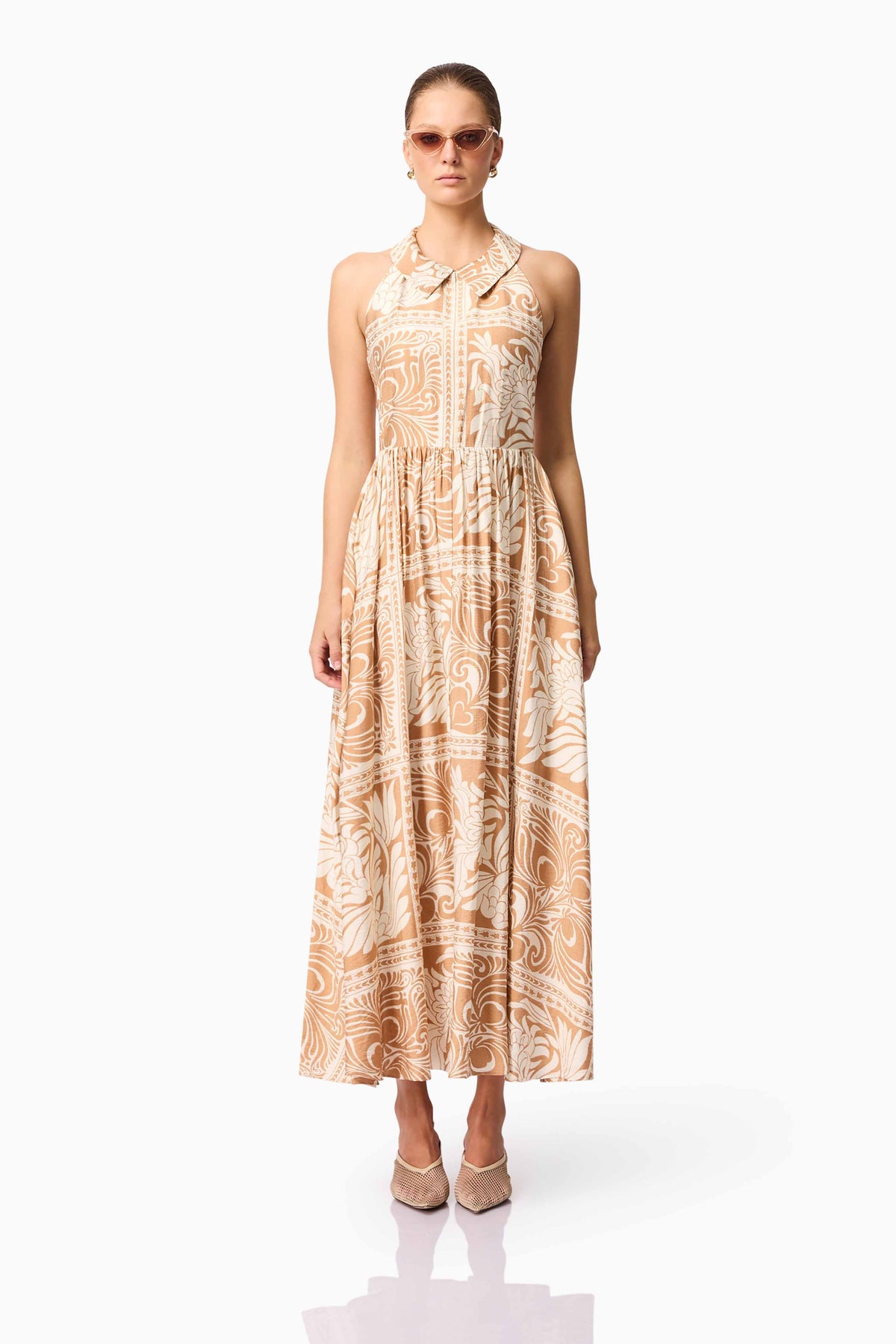 CURAAE Sandi Collar Midi Dress in Beige