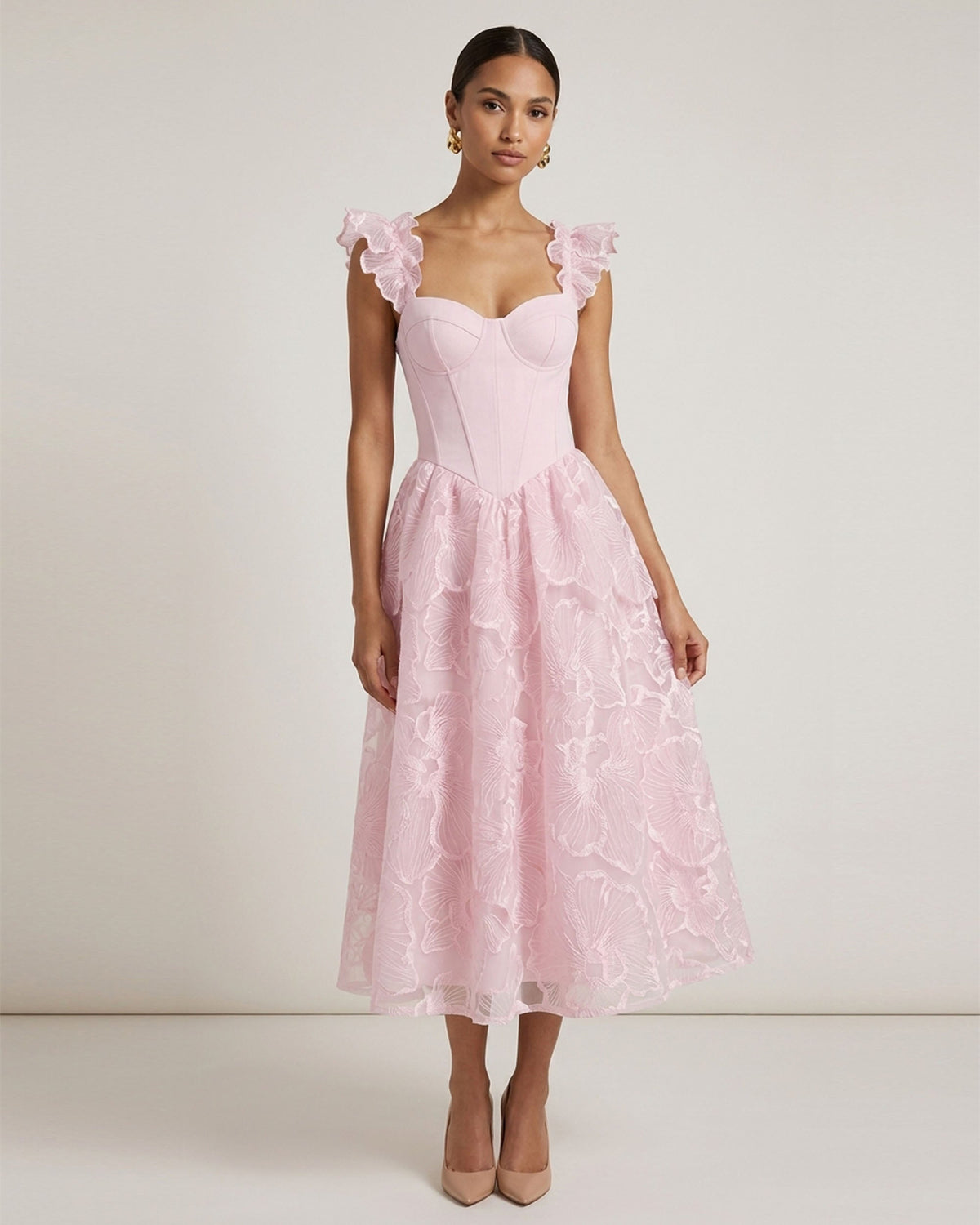 Orchid Embroidered Flutter-Sleeve Midi Dress - Blush Pink