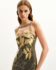Araminta Sequined Gown with Floral Details - Gold