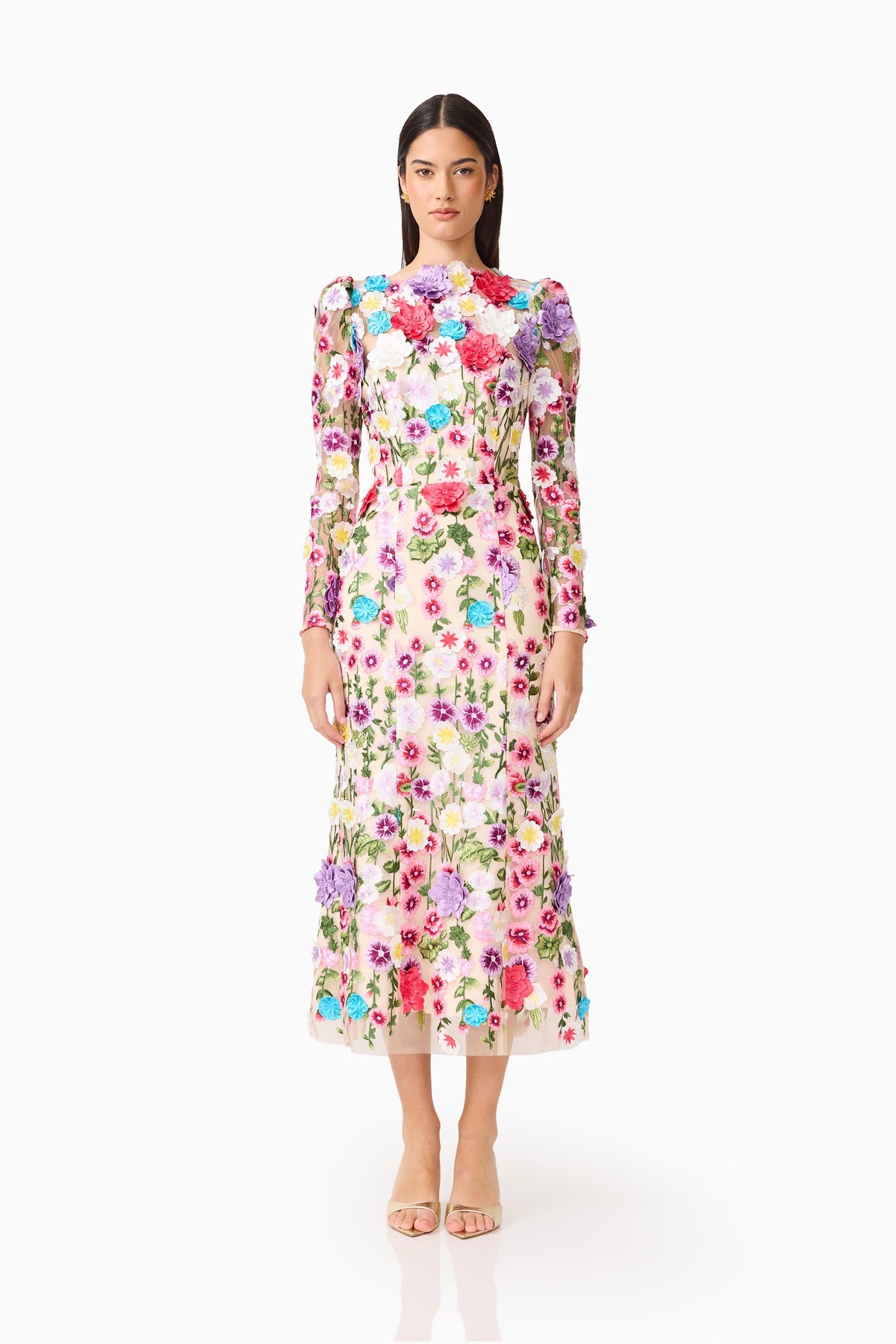 Rosette Long Sleeve Midi Dress in Multi Floral