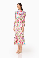 Rosette Long Sleeve Midi Dress in Multi Floral