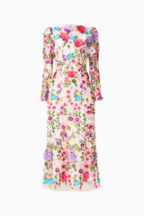 Rosette Long Sleeve Midi Dress in Multi Floral