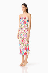 Rosette Strapless Midi Dress in Multi Floral