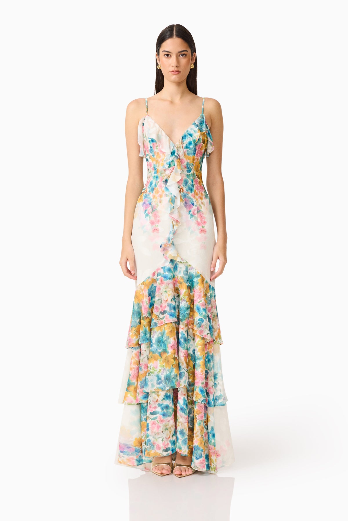 Clementina Ruffle Maxi Dress in Multi Floral