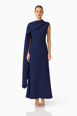 Leonara Asymmetric Cape Maxi Dress in Deep Navy