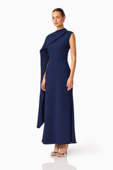 Leonara Asymmetric Cape Maxi Dress in Deep Navy