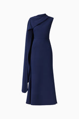 Leonara Asymmetric Cape Maxi Dress in Deep Navy