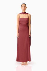Calista Neck Scarf Gown in Burgundy