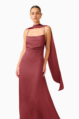 Calista Neck Scarf Gown in Burgundy