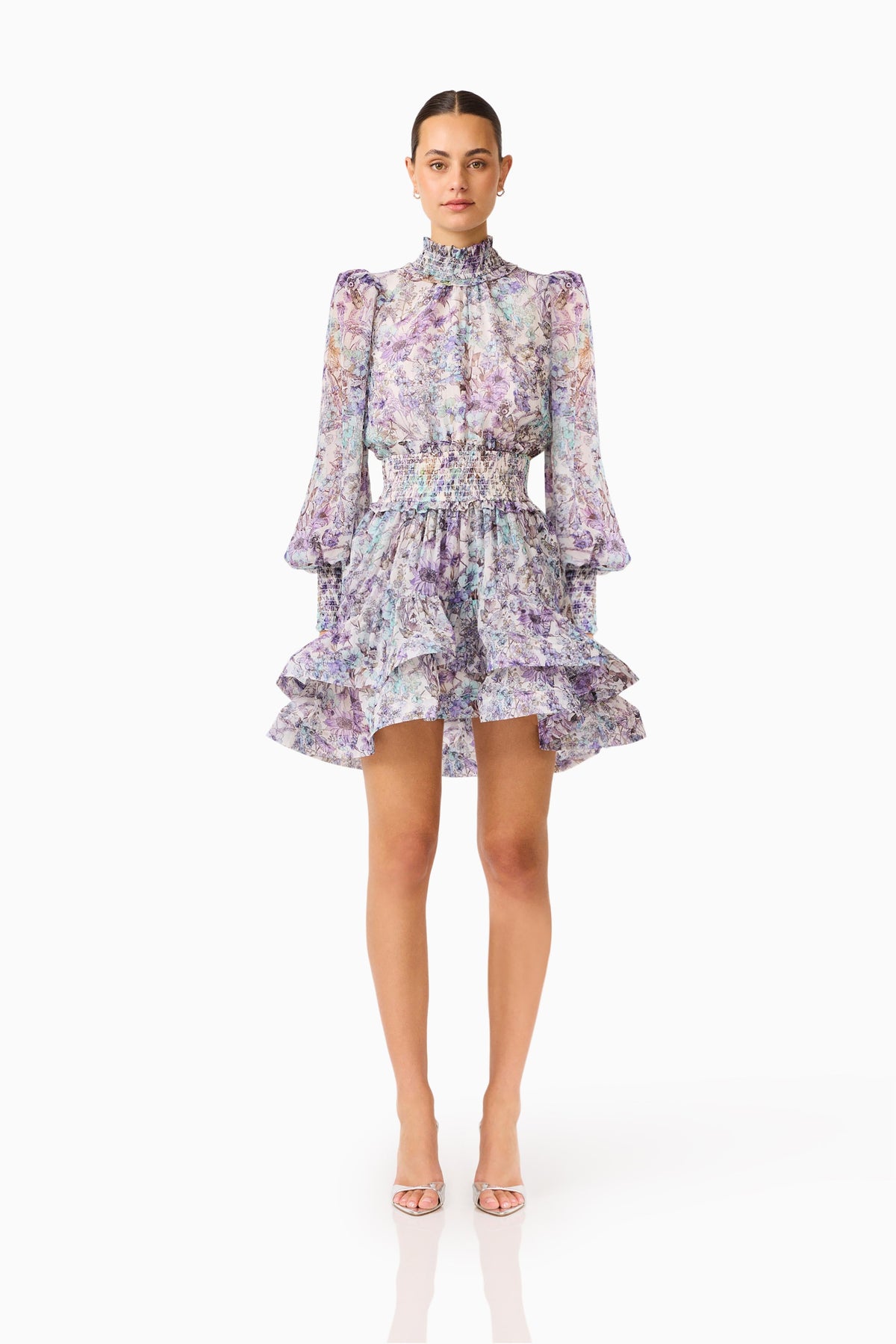 Rosaria Long Sleeve Mini Dress in Purple Floral