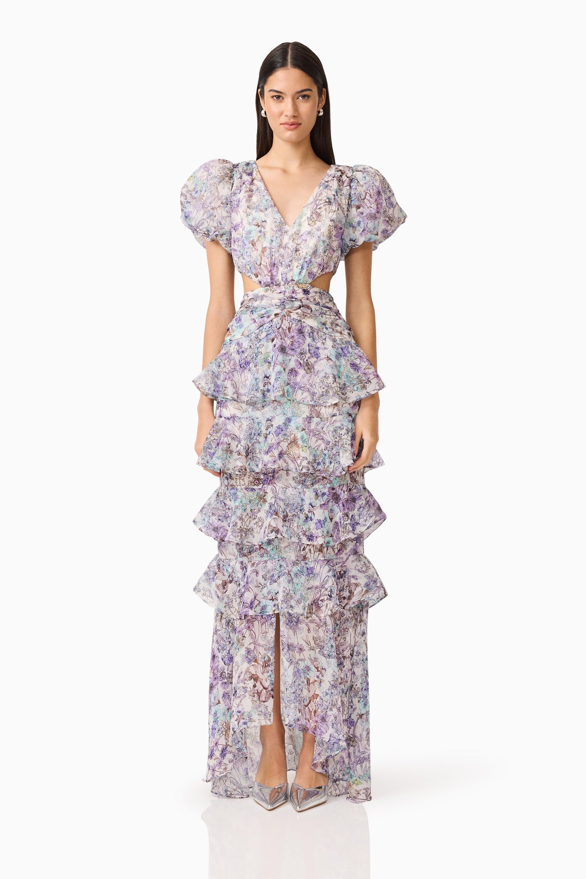 Rosaria Short Sleeve Gown in Purple Floral