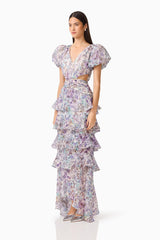 Rosaria Short Sleeve Gown in Purple Floral