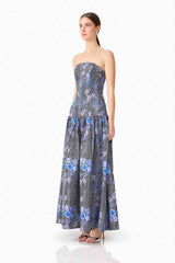 Allana Jacquard Strapless Gown in Black & Blue Floral
