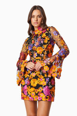 Alessandra Floral Long Sleeve Mini Dress In Orange