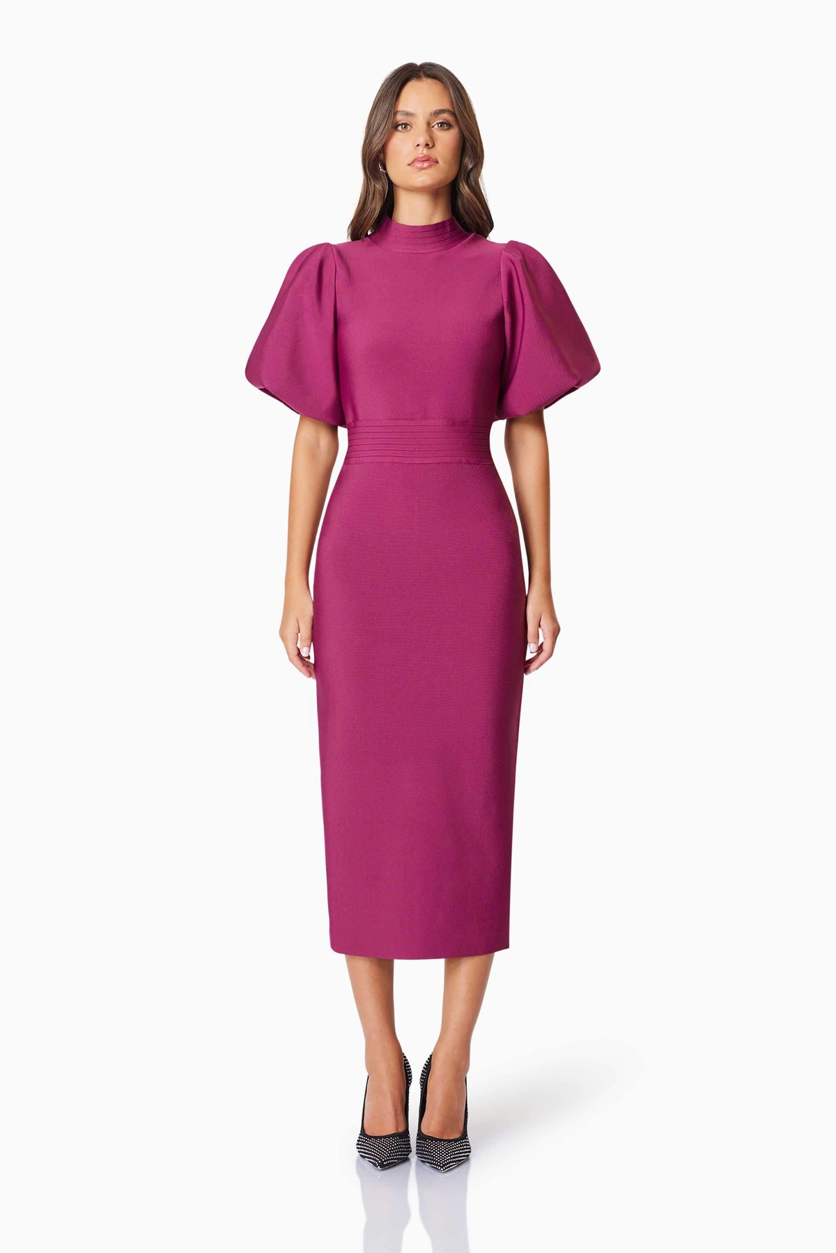 Ella Puff Sleeve Midi Dress In Burgundy